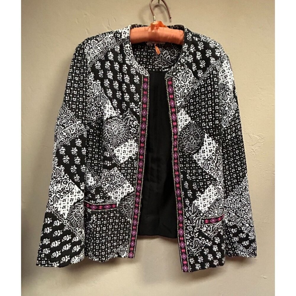 INDIKKA New York Women's Black White Paisley Boho Open Front Blazer Jacket L/XL